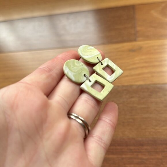 Handmade Artisan Earrings, Polymer Clay Matcha Swirl - Picture 3 of 6